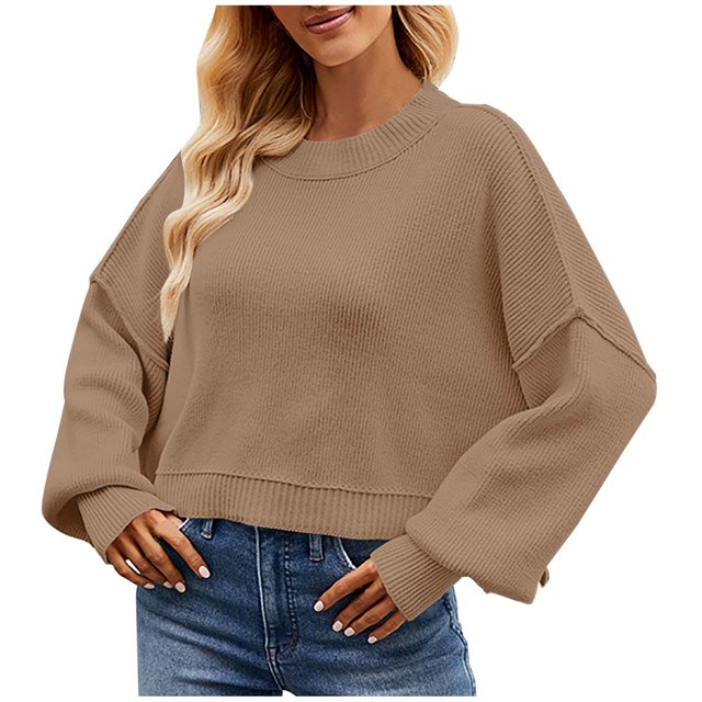 Timegard Womens Sweaters Cropped Crewneck Long Sleeve Drop Shoulder Pullover Fall Loose Knitted Tops