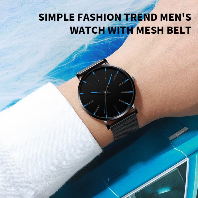mmirethe Montre-Bracelet pour Homme en Alliage avec Cadran Rond Noir Épuré, Marqueurs d'Heure Bleus Minimalistes et Bracelet en Maille. Conçue pour les occasions d'Affaires et Décontractées, Cette Montre Élégante et durable Est Fabriquée en Fin Alliage. Convient comme Cadeau Ou comme Remplacement pour une Vieille Montre.
