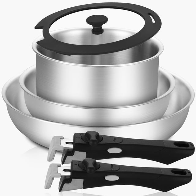 Inqibee Tri-Ply Stainless Steel Cookware Set with Detachable Handle, Removable Handle Pots and Pans Set 6pcs, Induction Kitchen Cooking Set for Home