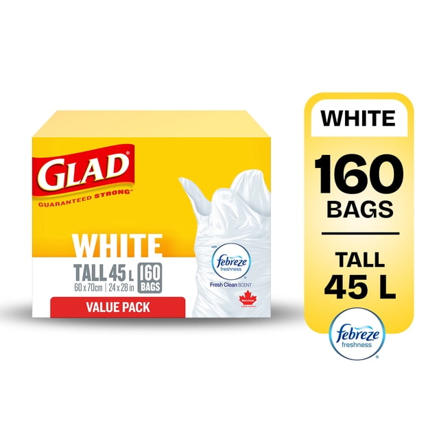 Glad White Garbage Bags tall 45 litres value pack with 160 bags featuring Febreze Fresh Clean scent, displayed in a yellow and white box with the red Glad logo and an image of a white garbage bag, suitable for kitchen and household use.