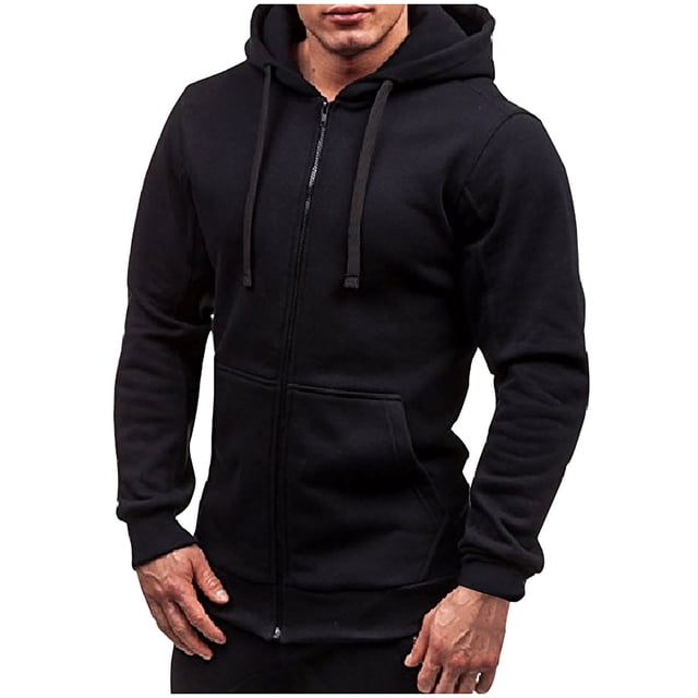 Fankiway New Fashion All-Match Zipper Hooded Sweater Coat Men's Solid Color Cardigan in black. This men's cardigan features a front zipper closure, an adjustable drawstring hood, and two convenient front pockets. Made from breathable fabric, it offers a loose and casual fit suitable for spring, autumn, and winter. Shown in size XL with a bust measurement of 115cm (45.28 inches), shoulder width of 50cm (19.69 inches), length of 73cm (28.74 inches), and sleeve length of 69cm (27.17 inches).