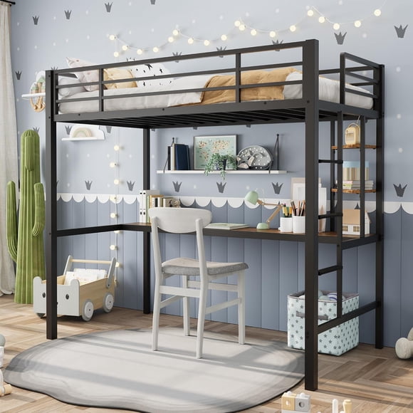 Loft Bed Twin Size with Large Desk and 2-Tier Storage Shelves, Heavy Duty Metal Loft Bed with Ladder and Guardrail for Kids and Adults, Steel Slats Support, Space Saving, Black and Brown