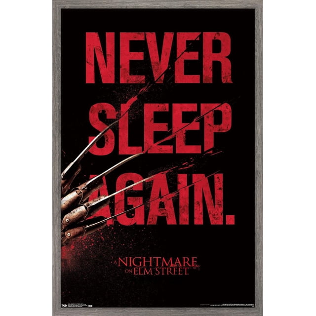 Un Cauchemar sur Elm Street - Affiche Murale de Sommeil, 22,375 Po x 34 Po Encadrée avec Texte Rouge Audacieux « Ne Jamais Dormir de Nouveau. » sur Fond Noir avec le Gant Griffe en Métal de Freddy Krueger Tranchant les Lettres, dans un Cadre en Bois Gris. Convient à la Déco de Chambre à Thème Horreur Ou à la Décoration de Fête.