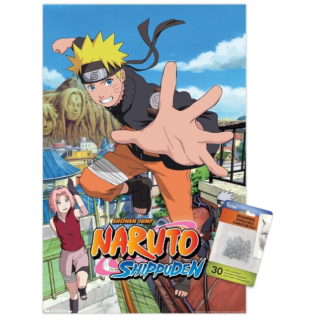 Naruto Shippuden - Affiche Murale « Jump », 22,375 Po x 34 Po Mettant en Vedette Naruto Uzumaki en pose d'Action avec une Main Tendue, Portant un Pantalon orange et une Veste Noire avec un Serre-Tête de ninja. l'Arrière-plan Montrant un village Coloré sous un Ciel Bleu. l'Affiche Comprend le logo Naruto Shippuden en Texte orange et Bleu Audacieux et Est Livrée avec 30 Punaises Transparentes pour une Suspension Facile