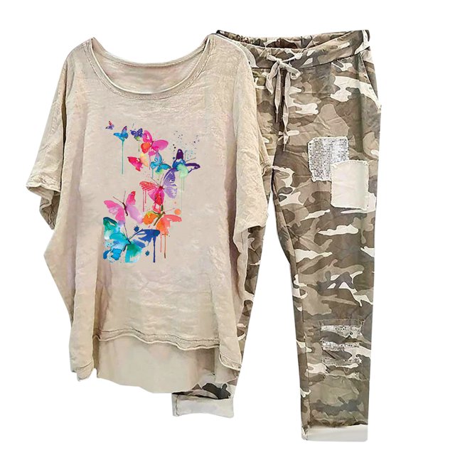 Ensembles d'Entraînement pour Femmes Imprimé Col Rond Manches Mi-Longues Chandail Chemise Hauts + Pantalon Ensemble 2 Pcs Tenues pour Femmes Ensembles de Pantalons en Liquidation