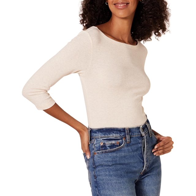 walmart Essentials T-Shirt à Encolure Bateau à Manches 3/4 pour Femmes