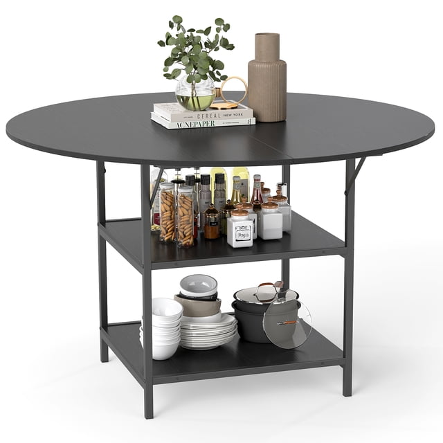 Gymax Table à Manger Ronde de 47 Pieds' avec Étagères de Rangement à 2 Niveaux et Cadre en Métal Robuste Noir