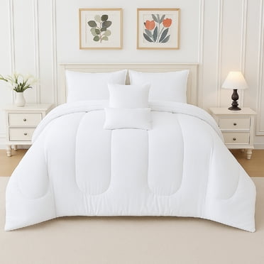 Beddora Ensemble de Lit 5 Pcs – Comprend une Couette, 2 Taies d'Oreiller, un Coussin Décoratif et un Coussin Carré – Ultra-Doux, Toutes Saisons, Grand – Blanc Éclatant