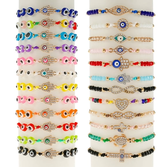 MesaSe 24Pcs Evil Eye Bracelet Pack Mexican Bracelet Set Handmade Evil Eye Strand Bracelet Adjustable Good Luck Mal De Ojo Anklet Amulet Bangle Evil Eye Anklet Jewelry Gift for Women Girl