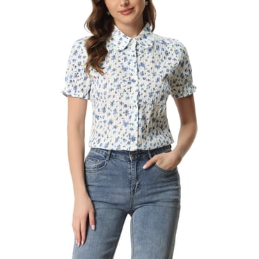 INSPIRE CHIC Women's Frilled Tops Bubble Sleeves Peter Pan Collar Floral Print Cotton Blouses XL Blue