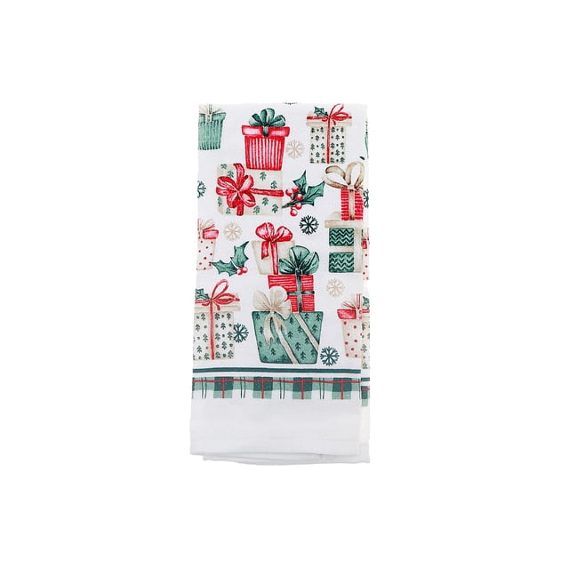 Serviette à Main (Cadeaux) - Ensemble de 6, Serviette en Coton Blanche Pliée Présentant un Motif Multicolore de Cadeaux de Noël, de Houx et de Flocons de Neige en Rouge, Vert et beige avec une Bordure à Carreaux Verte et Rouge, Convient à la Décoration festive d'Automne et des Fêtes pour la Cuisine Ou la Salle de Bain et à l'Usage Quotidien.