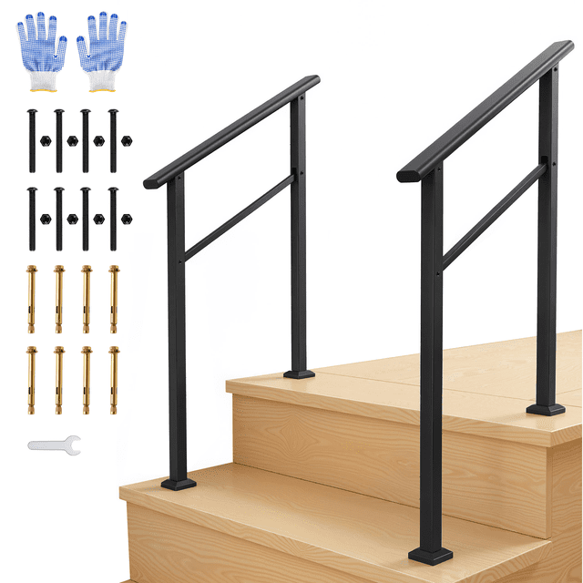2-Step Outdoor & Indoor Stair Handrail Kit – Black Aluminum Railing with Iron Poles, ADA Compliant, Non-Slip Grip, Easy DIY Installation – 2-Step | 2-Pack | Black