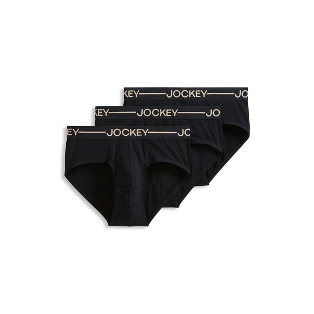 Jockey Men's Organic Cotton Stretch Brief - 3 Pack featuring three black men's briefs with a low-rise, full-coverage design. Made with organic-grown cotton for softness and breathability, these underwear include a stretch waistband with the Jockey logo and a no-fly construction for maximum support and comfort. The stay-put leg design prevents ride-up.