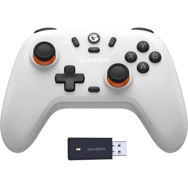 GameSir Nova Lite Wireless Controller 2.4G Bluetooth Gamepad for Windows PC iPhone Android Switch Steam Deck Hall Effect Triggers Turbo Rumble - White front-facing view of a white ergonomic handheld controller showing dual Hall Effect joysticks, ABXY buttons, D-pad, shoulder bumpers, linear trigger bars, USB-C port and included 2.4G dongle; lists Turbo, rumble and up to 10-hour battery life. Often used as a mapped controller for emulators or media playback.