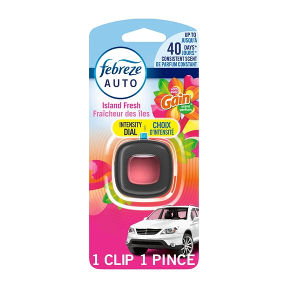 Febreze Assainisseur d'Air pour Voiture Anti-Odeurs, Pince pour Bouche d'Air, avec Parfum Gain, Fraîcheur des Îles, 1 Unité