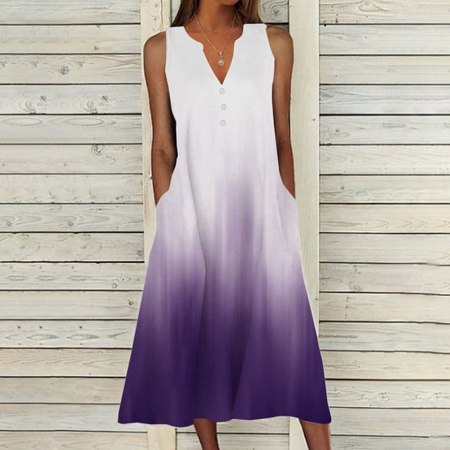 FcBaudy Robe Camis Sans Manches à Col en V, Robes d'Été pour Femmes, Robes pour Femmes Robe d'Été pour Femmes Design Décontracté Robe Dégradée Sans Manches Col en V Longue Robe Femme Robe