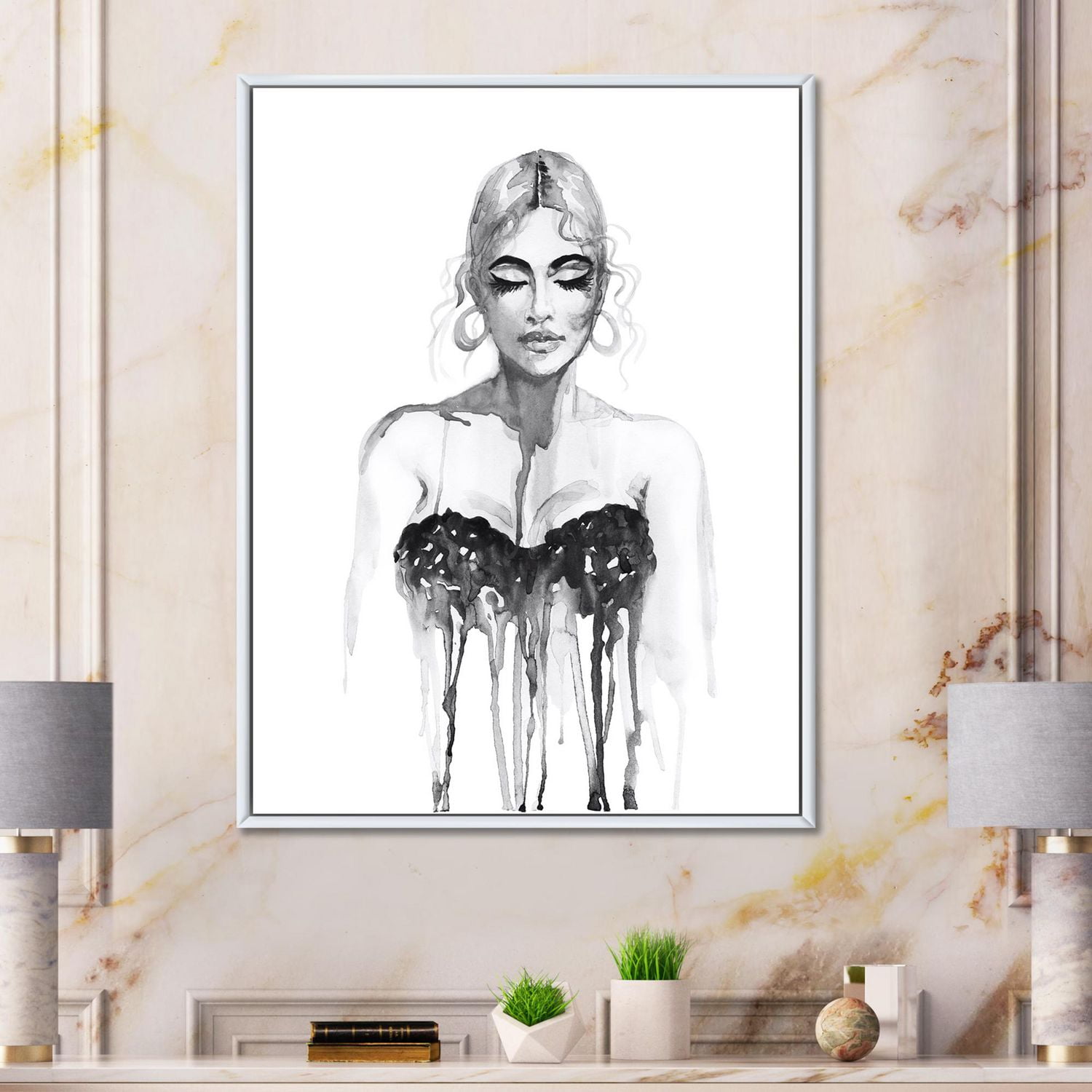 Designart Portrait monochrome de femme portant une robe de soirée ART MURAL À CADRE FLOTTÉ