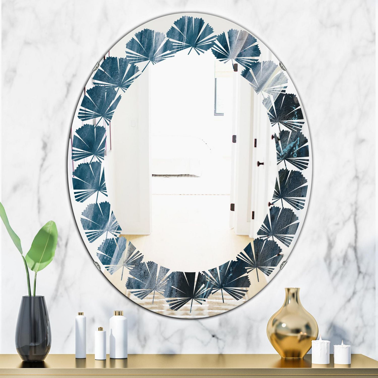 Designart 'Splash Blue Indigo' Miroir mural ovale moderne - Feuilles 24x36