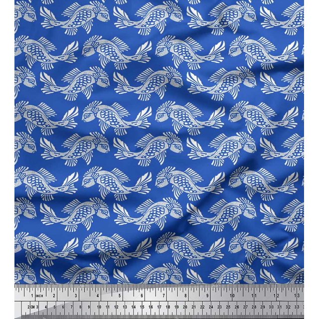 Soimoi Japan Crepe Satin Fabric Fish Block Print Fabric by The Yard 42 Inch Wide