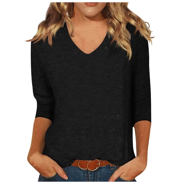 Spring Tops for Women V Neck Solid Color Casual Summer Basic Top Long Sleeve Basic Oversized Tshirts for Women Black XXL