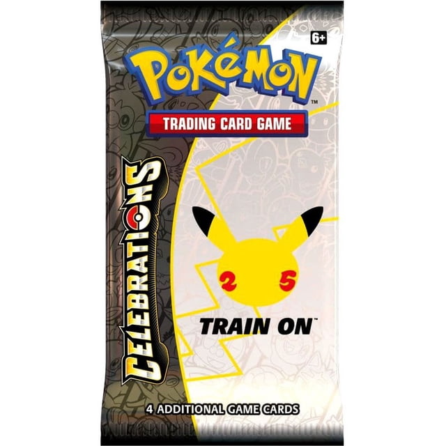 Pokemon Célébrations Paquet Booster de Jeu de Cartes à Collectionner Contenant 4 Cartes. l'Emballage Présente un logo « Pokémon » Audacieux en Haut, une silhouette Pikachu avec « 25 » sur les Joues, et le Texte « Train on » Ci-Dessous. le design Célèbre le 25e Anniversaire de la franchise Pokemon, avec un Thème Noir et Or et de Subtils Contours de Personnages en Arrière-Plan.