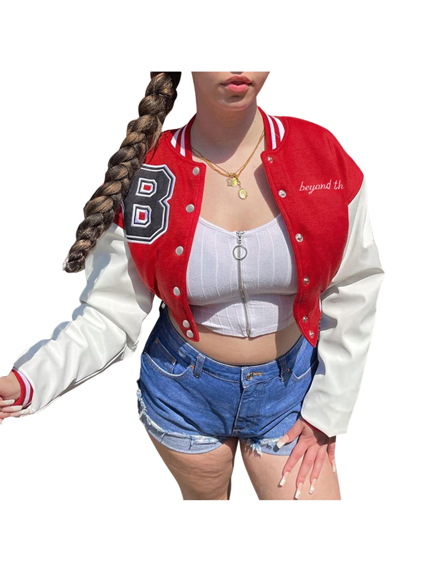 Women Varsity Jacket Long Sleeve Cropped Baseball Jacket Bomber Coats