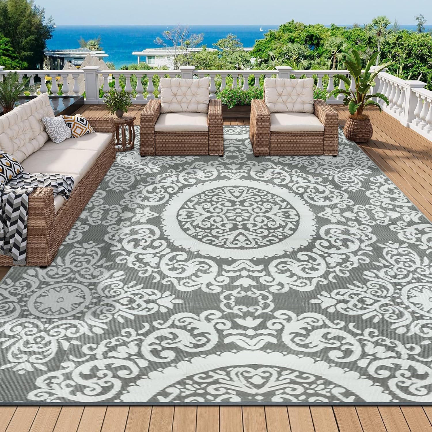 Outdoor Rug x Outdoor Carpet Reversible Patio Rug for Camping Large Outdoor Plastic Straw Area Rug Portable Geometric Mats for RV Backyard Deck Porch Beach Picnic Teal