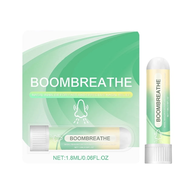 CJiaWei Nasal Inhaler for congestion and headache relief, featuring a 1.8ml aromatherapy stick. The product includes a compact, portable design with a green and white packaging labeled 'BoomBreathe.' Suitable for all skin types, it offers fast-acting nasal congestion relief and soothing aromatherapy benefits. The inhaler is displayed alongside its packaging, emphasizing its ease of use and travel-friendly size.