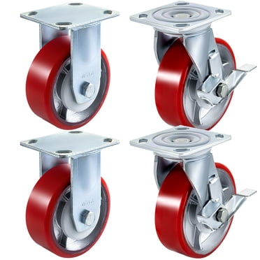 VEVOR Caster Wheels 4 Pack 6 x 2 Inch 2 Rigid and 2 Swivel Casters with Side Brake Polyurethane Iron Core Plate 1000LBS Capacity Per Wheel