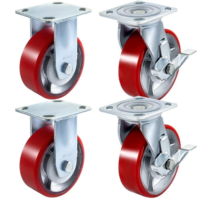 VEVOR Caster Wheels 4 Pack 6 x 2 Inch 2 Rigid and 2 Swivel Casters with Side Brake Polyurethane Iron Core Plate 1000LBS Capacity Per Wheel
