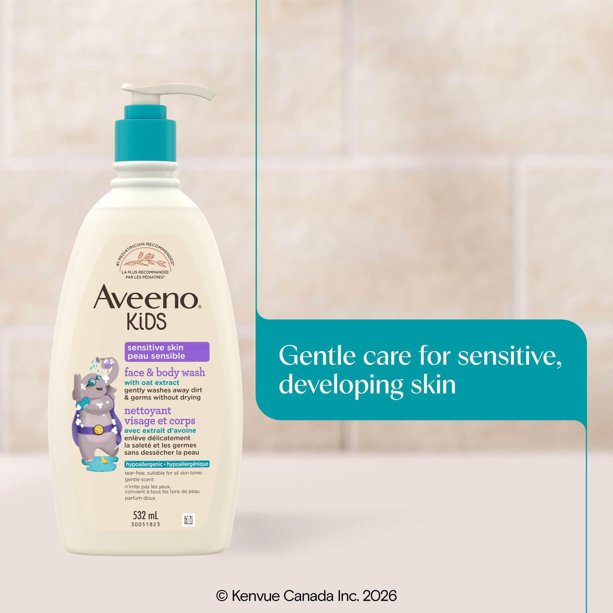 Aveeno Kids Sensitive Skin Face & Body Wash, Formulated with Nourishing Oat Extract to Wash Away Dirt and Germs Without Drying, Kids Body Wash is Tear-Free, Hypoallergenic, Sulfate- & Dye-Free, 532mL