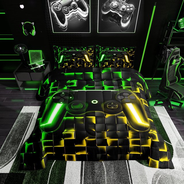 YST Kids Bedding Sets for Boys Room Decor, Green Yellow Gamepad Pattern, King, Black Reversible