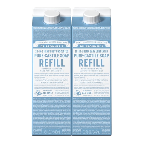 Dr. Bronner's Pure-Castile Recharge de Savon Liquide (Bébé Non Parfumé 32 Oz, Lot de 2)