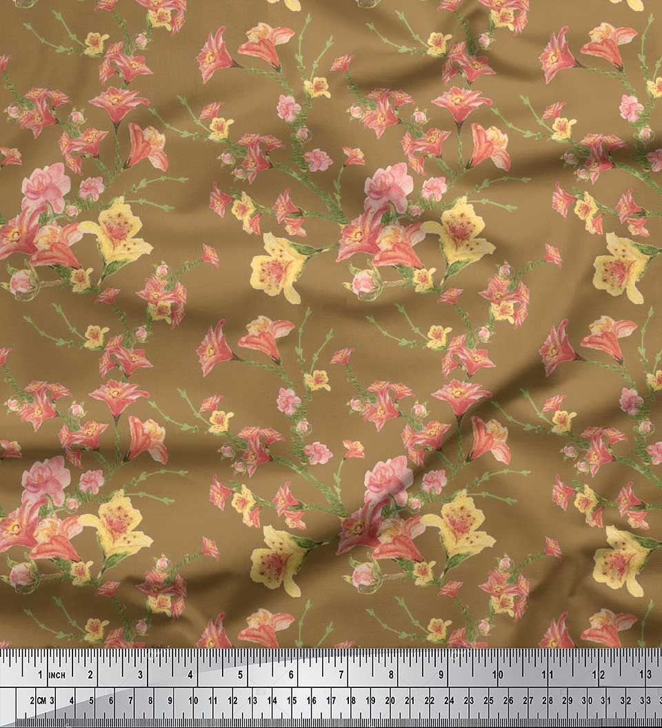 Soimoi Brown Heavy Canvas Fabric Leaves & Azalea Floral Printed Fabric 1 Yard 58 Inch Wide