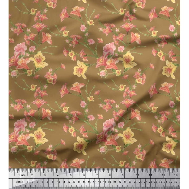 Soimoi Brown Poly Georgette Fabric Leaves & Azalea Floral Printed Fabric 1 Yard 42 Inch Wide