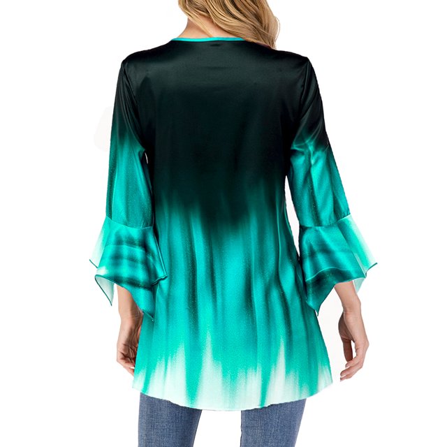 Dalazy Gradient Color T Shirt Women Casual Round Collar Tee Button Round Collar Ruffle Sleeve Blouse Swing Loose Top