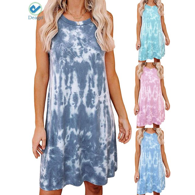 Deago Robe Courte Décontractée Teinture sur Nœuds pour Femme, Col Rond, Sans Manches, T-Shirt Ample, Débardeur d'Été, Robe de Plage (Marine, M)