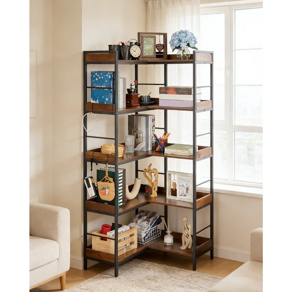 Towallmark Bibliothèque d'Angle Réversible à 5 Niveaux / Étagère de Rangement Industrielle Robuste avec 4 Crochets et Trousse Anti-Basculement – Économise de l'Espace, Charge Max 200 Lb/étagère