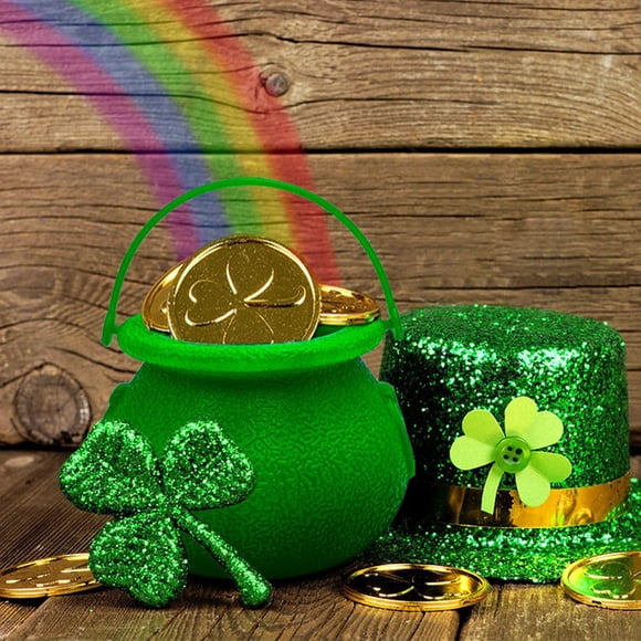 Uscallm St. Patrick's Day Coin Bucket, Green Collectible Shamrock Pot of Gold Container for Candy and Treats, Festive Party Decorations, Irish Holiday Celebration Accessory