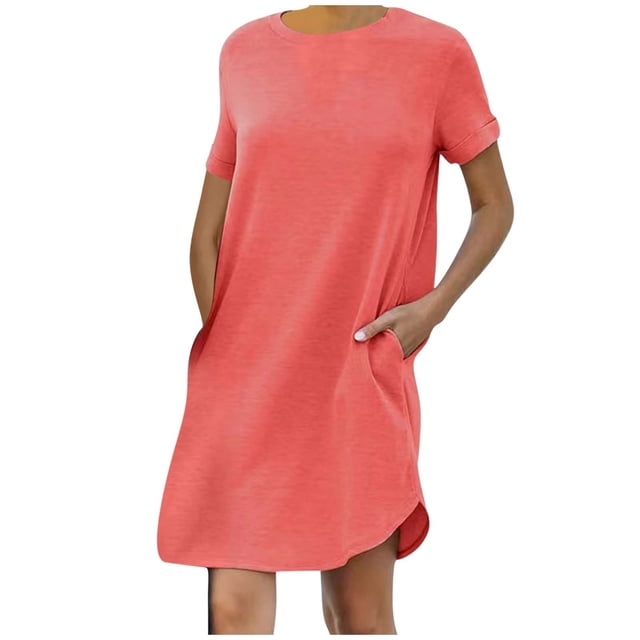 AherBiu Robe T-Shirt pour Femmes 2024 Été à Manches Courtes Col Ras du Cou Mini Robe Décontractée Ample Courte avec Poches