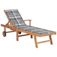thumbnail image 1 of vidaXL Sun Lounger with Grey Check Pattern Cushion Solid Teak Wood, 1 of 5