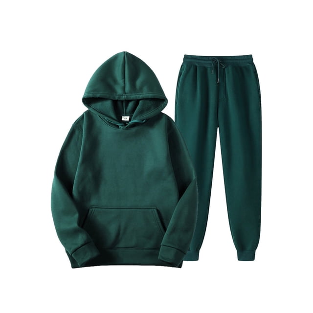 Innerwin Hoodies And Sweatpant Set Solid Color Mens Tracksuit Winter Hooded Warm 2 Piece Hoodie Green 2XL