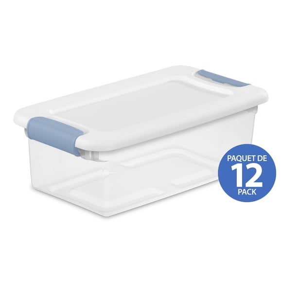 Sterilite 5,7 L Latching Box, Small Clear Plastic Storage Bin with Lid and Light Blue Latch, 12 Pk