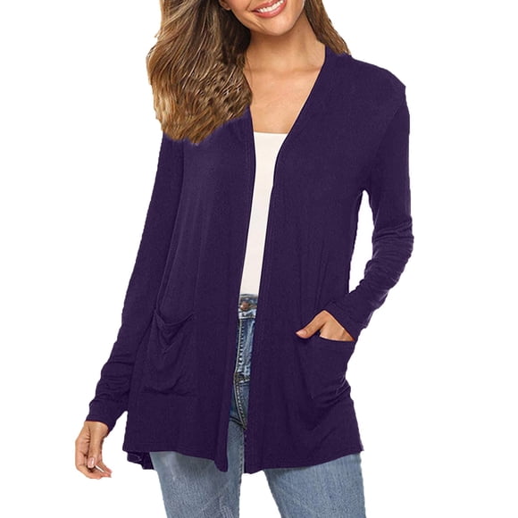 Fgnfyis Longs Cardigans pour Femmes à Manches Longues, Ouvert à l'Avant, Décontracté, Ample, Léger, Chandails Cardigan avec Poches, Violet Foncé, L