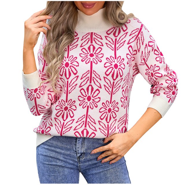 Rbaofujie Chandails Mignons pour Femmes Chandail Tricoté à Rayures Patchwork avec Manches Longues Col Rond Hauts de Chandail Rose Vif Chandails Mignons pour Femmes