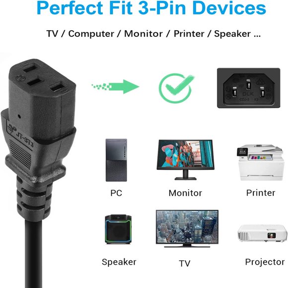 QJUHUNG 2-Pack 6 feet Universal Replacement AC Power Cord with 3-Pin Connector - 6ft  18AWG  Black - Ideal  PC  Printer  Monitor and Other Electronic Devi
