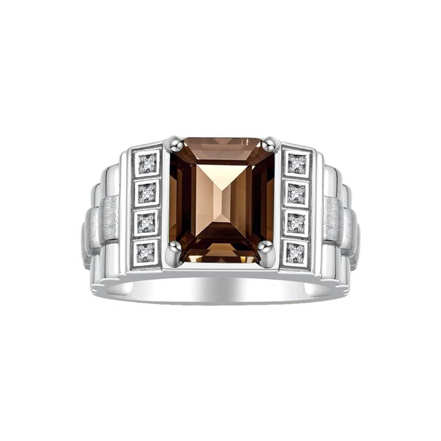 RYLOS Men's Rings 14K White Gold Designer Style 10X8MM Emerald Cut Shape Gemstone & Diamonds Smoky Quartz June Birthstone Rings For Men Size 10