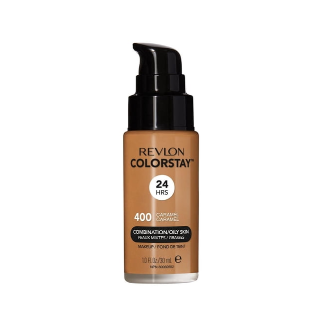 Revlon Colorstay™ Longwear Makeup Combo/Oily, 30mL liquid foundation bottle in shade 400 Caramel with black pump, formulated for combination/oily skin to provide 24-hour oil control, matte finish, and transfer-resistant wear.