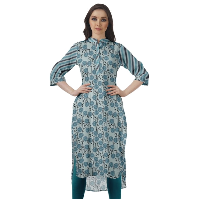Moomaya Kurti Indienne Imprimée Tunique en Coton pour Femme Col Mandarin Kurta Longueur Genou