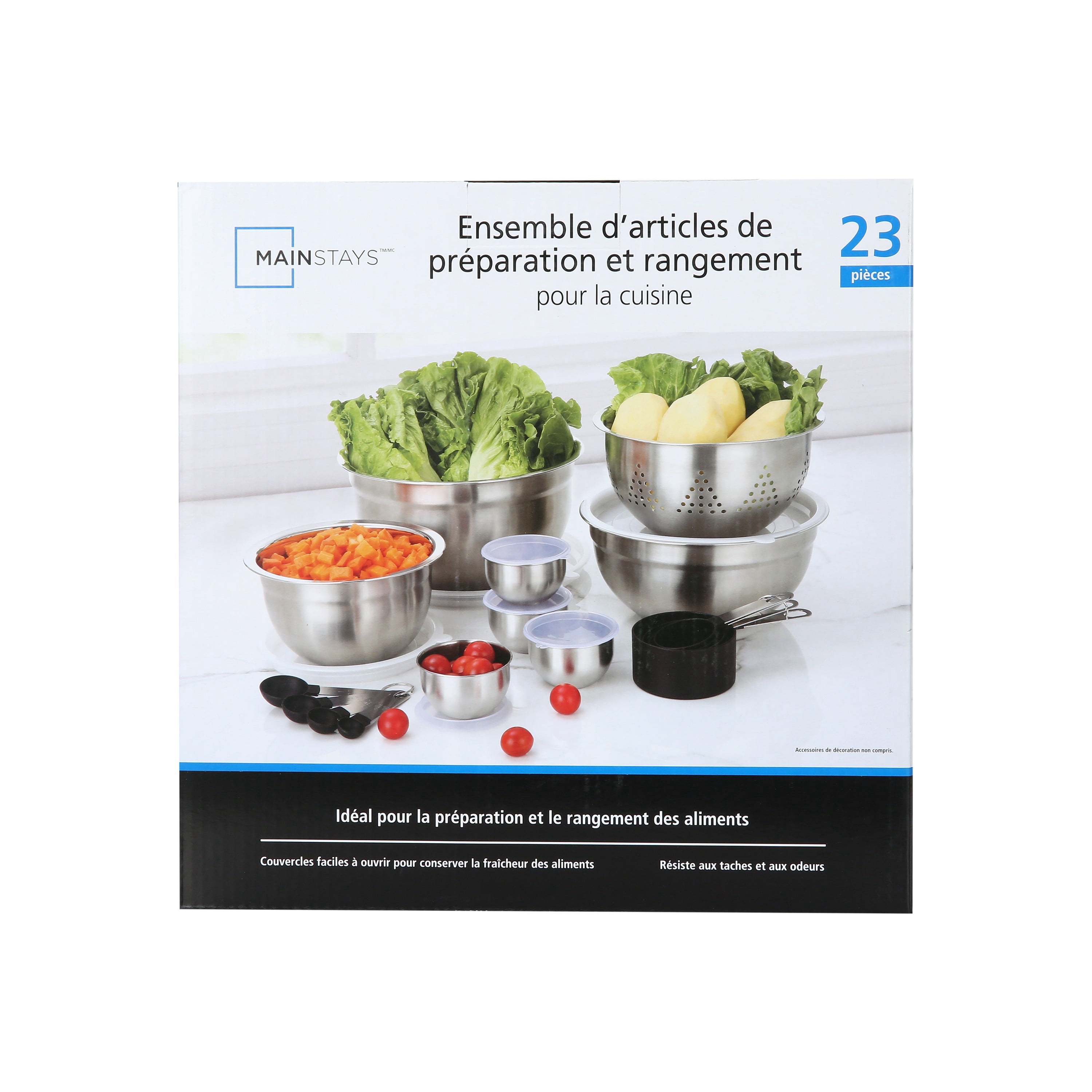Ensemble de 23 Pièces Mainstays pour la Préparation et le Rangement de la Cuisine, en Acier Inoxydable et Plastique
